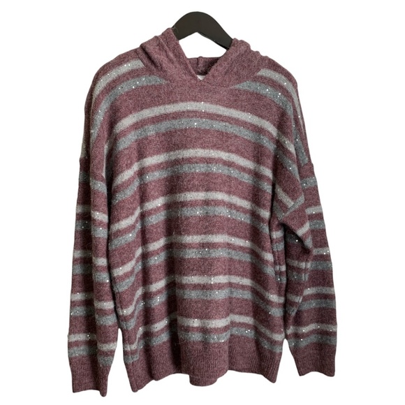 Nine West Womens Sweater with Hoodie Size XL Stripes with Sparkles SOFT V Neck - Picture 1 of 8